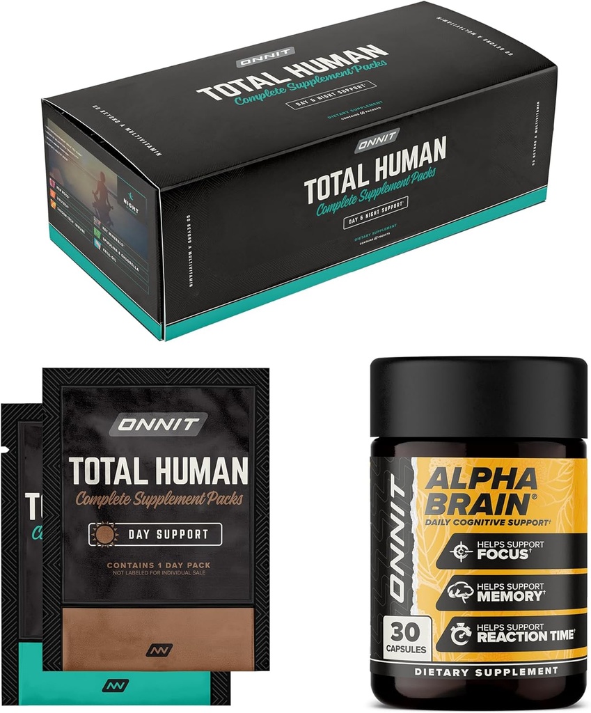 ONNIT Premium Alpha Brain Bundle - Suplemento Nootropic Brain (30 Conde) para Focus, Concentration &amp; Memory + Total Human Day and Night Vitamin Packs para Hombres y Mujeres (30-Day Supply)