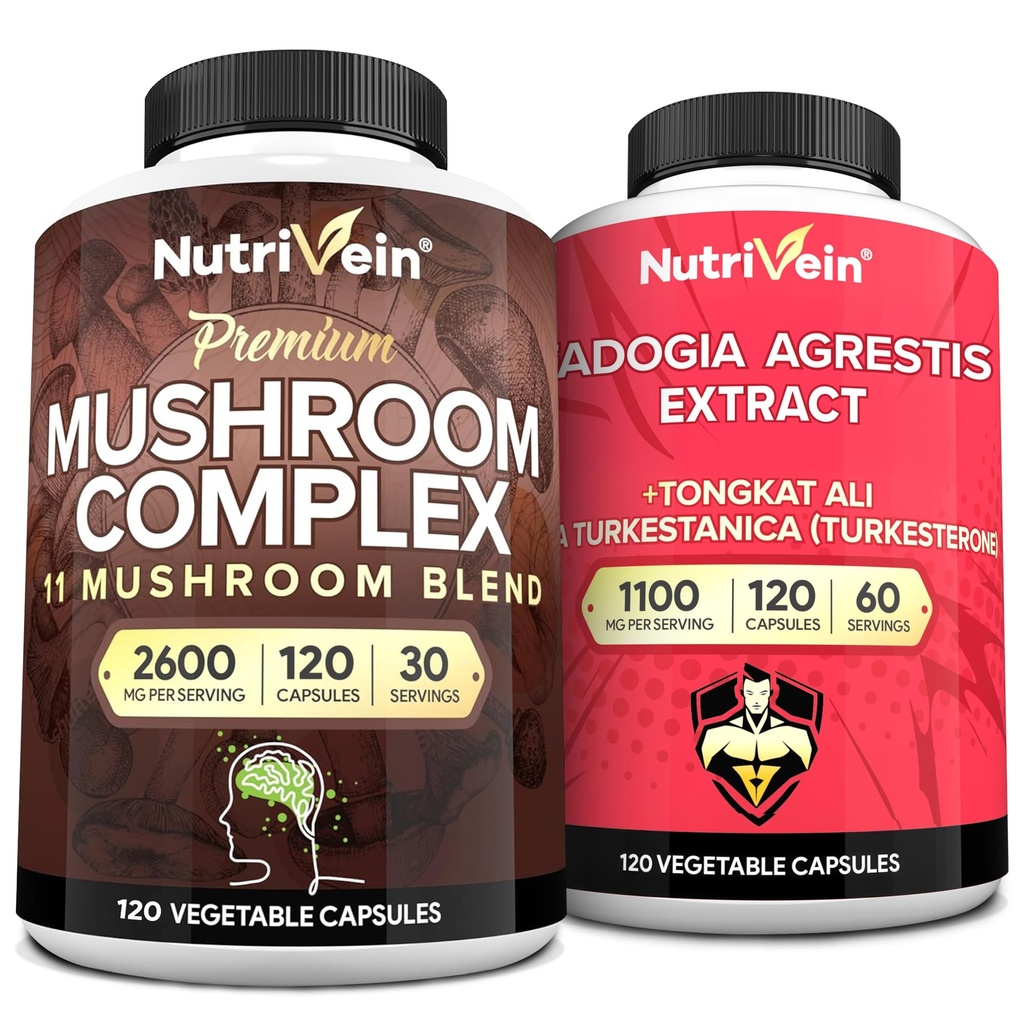 Nutrivein Premium Mushroom Complex & Fadogia Agrestis Supplement Bundle: Mushroom Supplement & Fadogia Agrestis and Tongkat Ali Supplement Pair for Performance, Vitality, Endurance, & Well-Being