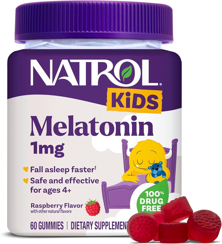 Natrol Kids Melatonin Gummies 1mg, Melatonina infantil para el descanso, 60 gomas de sueño sabor a fresa, 60 días de suministro