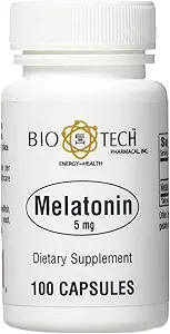 Bio-Tech Pharmacal Melatonin (5 mg), 100 cápsulas – Suplemento natural – Apoyo al sueño, cardiovascular, inmune, " Bone Health – No Dairy, Fish, Gluten, Peanut, Shellfish, GMOS, " Soy – No