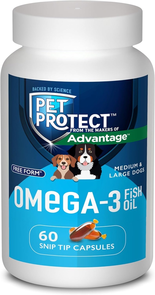 Pet Protect M/L Dog Omega-3 Suplemento, Proprietary Free Form Blend, soporta una respuesta inflamatoria normal, Snip-Tip Capsules (60 Conde)