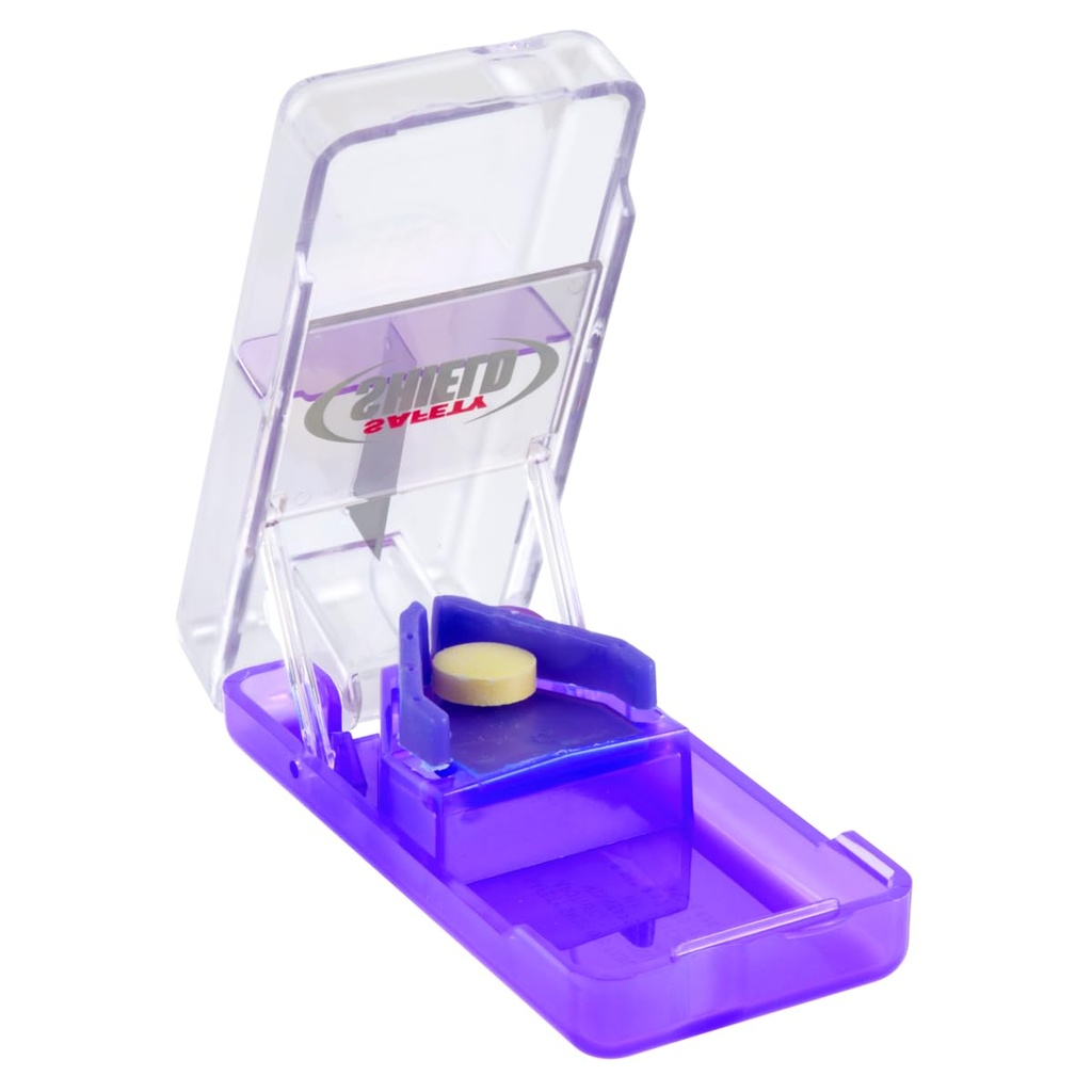 Ezy Dose Pill Cutter and Splitter with Safety Shield, Daily Usage, Safely Cut Pills, Vitamins, Tablets in Half, Accurate and Easy Cutting, Stainless Steel Blade, Travel Sized, Purple, BPA Free