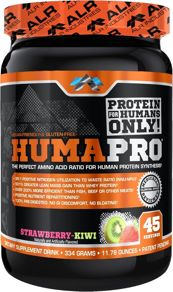 Humapro ← Aminoácidos Matriz Proteína para los seres humanos TENIDO 99% Utilización para el músculo magro TEN Vegan, Gluten Free TEN 334g / 45 Servings (Strawberry Kiwi)