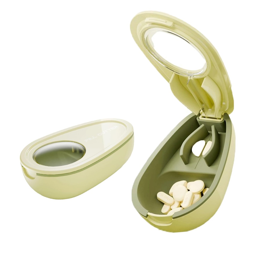 Avocado-Shaped Pill Cutter, Splitter for Small & Large Pills, 2-Compartment, Green, 1 Count