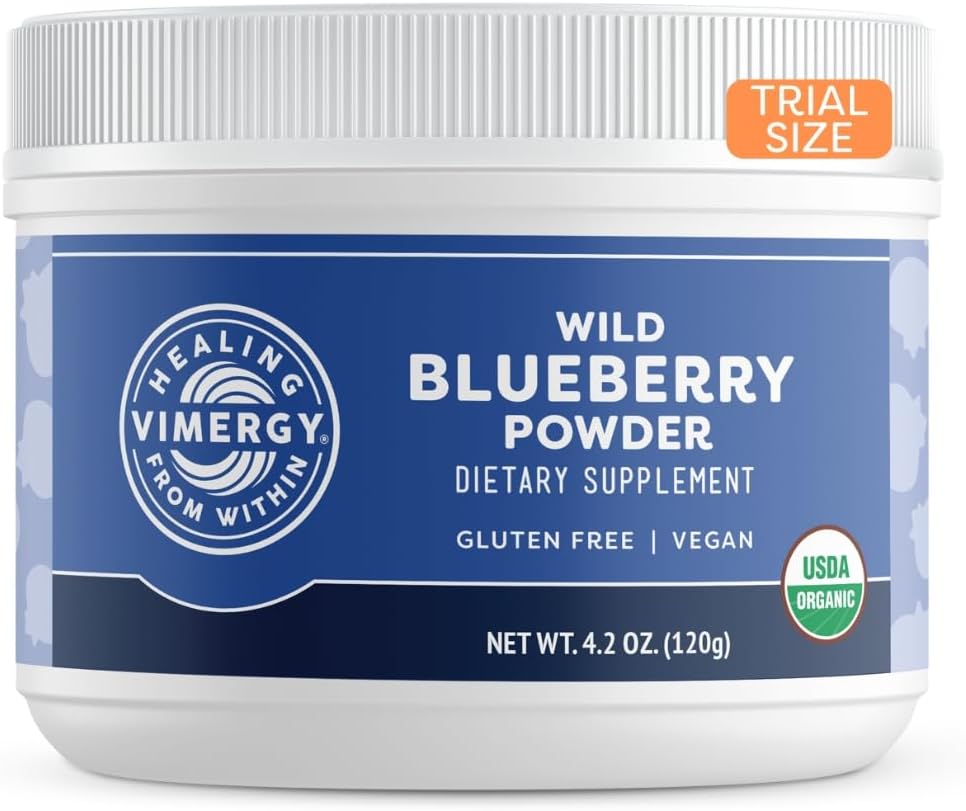 Vimergy Wild Blueberry Powder –Protects Brain Health* - Asistencia Función cardiovascular* – Orgánica, Vegana y Sin gluten – Tamaño de prueba 125g