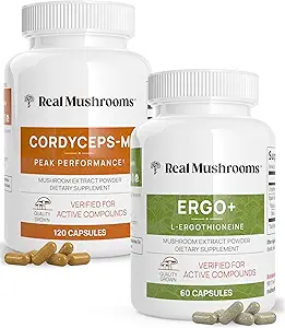 Real Mushrooms Ergothioneine (60ct) y Cordyceps-M (120ct) Bundle con Shiitake y Oyster Mushroom Extractos - Longevidad y Energía - Vegan, Gluten Free, Non-GMO - Apoyo natural para el envejecimiento saludable