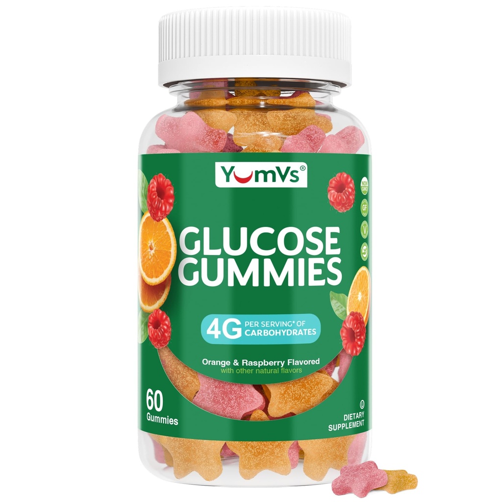 YUM-V'S Glucose Gummies – Fast Acting Glucose Gummy – Great Tasting – Gluten Free, Vegan, Non-GMO – Orange & Berry Natural Flavor – 60 Chewable Gummies for Adults & Kids
