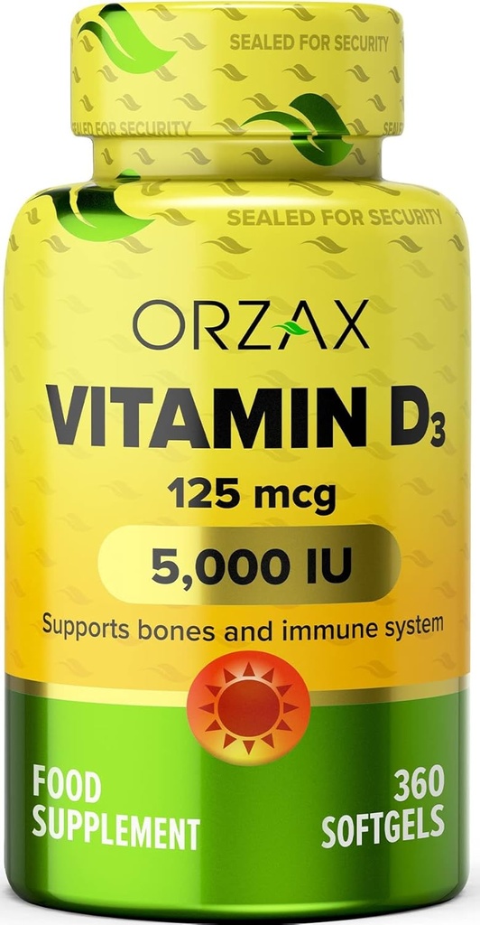 ORZAX Vitamina D3 5000 iu (125 mcg) – Non-GMO, Gluten Free, Sugar Free, Dairy Free – 1 año de suministro para la función del músculo fuerte &amp; Immune Support – Mood Suplemento para el bienestar (360 Softgel)