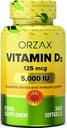 ORZAX Vitamina D3 5000 iu (125 mcg) – Non-GMO, Gluten Free, Sugar Free, Dairy Free – 1 año de suministro para la función del músculo fuerte &amp; Immune Support – Mood Suplemento para el bienestar (360 Softgel)