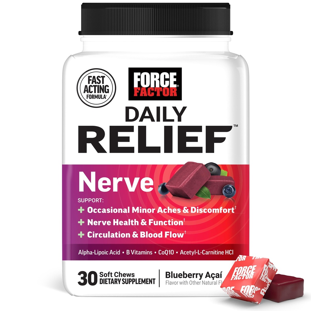 Force Factor Daily Relief Nerve Supplement with Alpha Lipoic Acid, B Vitamins, CoQ10 & Acetyl-L-Carnitine HCl for Nerve Discomfort in Hands, Feet, Toes & Fingers, Blueberry Acai, 30 Soft Chews