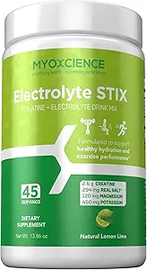 MYOXCIENCE Electrolyte STIX ← Creatine Electrolyte Powder  durable Recuperación del ejercicio &amp; Muscle Development w/Real Salt (Lemon Lime Flavor) (Jar 45 ct)