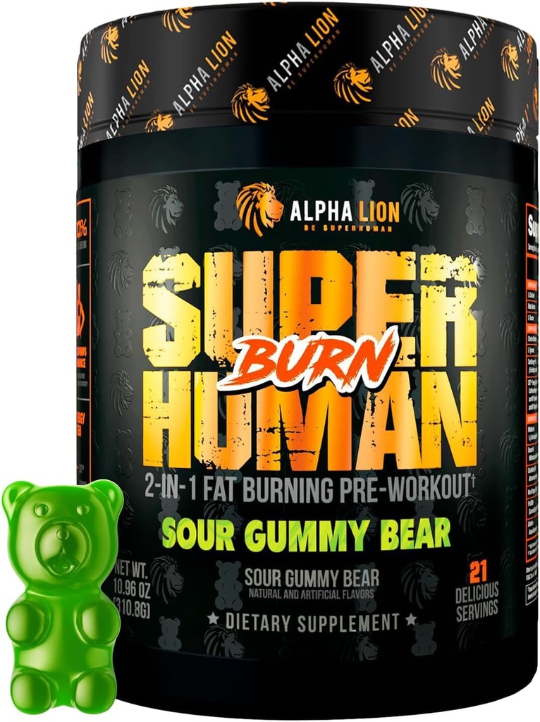 ALPHA LION Superhuman Burn – 2 en 1 Metabolism Booster Pre Workout y Thermogenic Fat Burner para Hombre – Appetite Suppressant and Weight Loss Suplemento (21 Servings, Sour Gummy Bear)