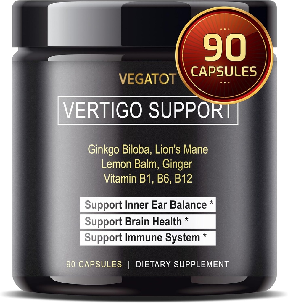 VEGATOT Vertigo Suplemento *USA Hecho y probado* Inner Ear Suplemento con Ginkgo Biloba Lion's Mane Lemon Balm Ginger VIT B1, B6, B12- for Dizziness Spinning Inner Ear Balance