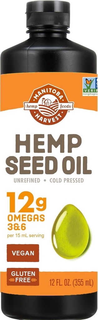 Manitoba Harvest Hemp Seed Oil, Cold Pressed, Premium Quality, 12g of Omegas 3 &amp; 6 Por Serving, Hydrate & Nourish Skin, Non-GMO, Vegan, Gluten Free, Great for cooking, ensalada dressings, 12 Fl Oz