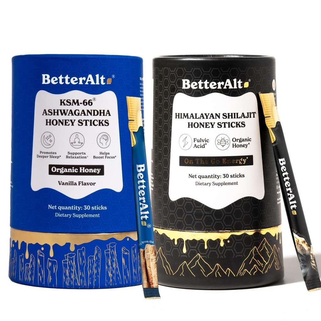 Better Alt Ashwagandha & Shilajit Honey Sticks 2 Pack| Pure Himalayan Shilajit Organic Multiflora Honey & Saffron|60 Sticks|Energy & Immune Support Supplement