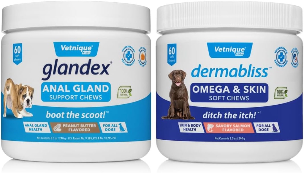 VETNIQUE Dermabliss Omega &amp; Skin Supplement Chews for Dogs (60ct) & Glandex Anal Gland Support Peanut Butter Soft Chews for Dogs (60ct) Bundle