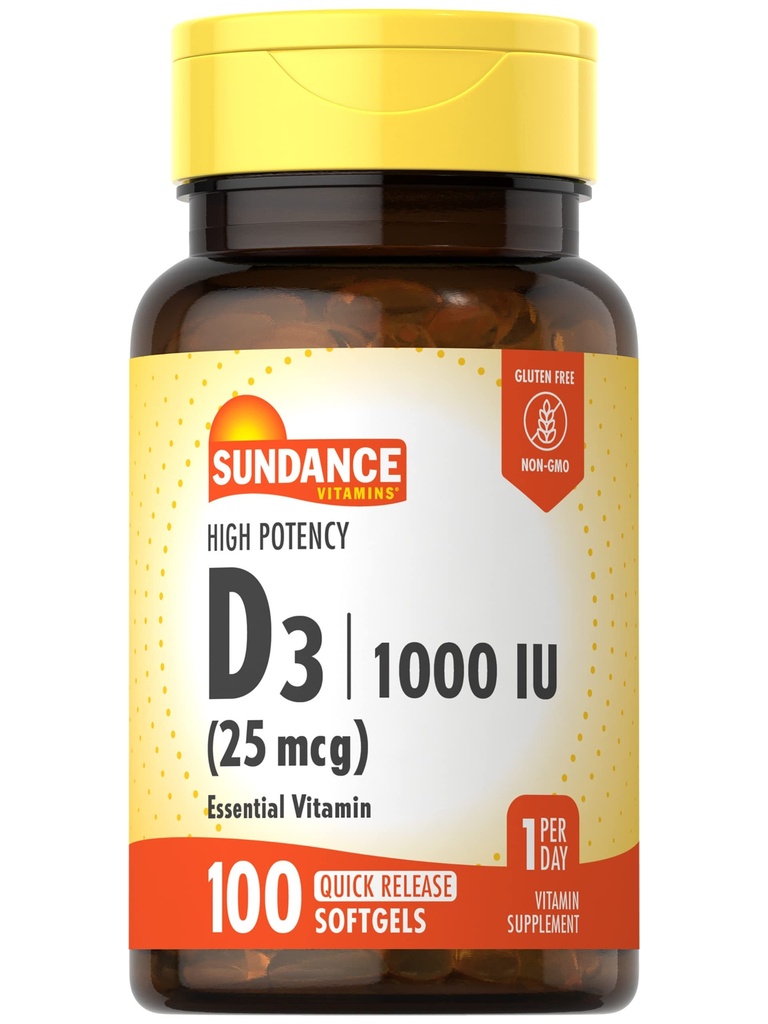Sundance Vitamin D3 1000 IU 25 mcg | 100 Softgels | High Potency Formula | Non-GMO and Gluten Free Supplement