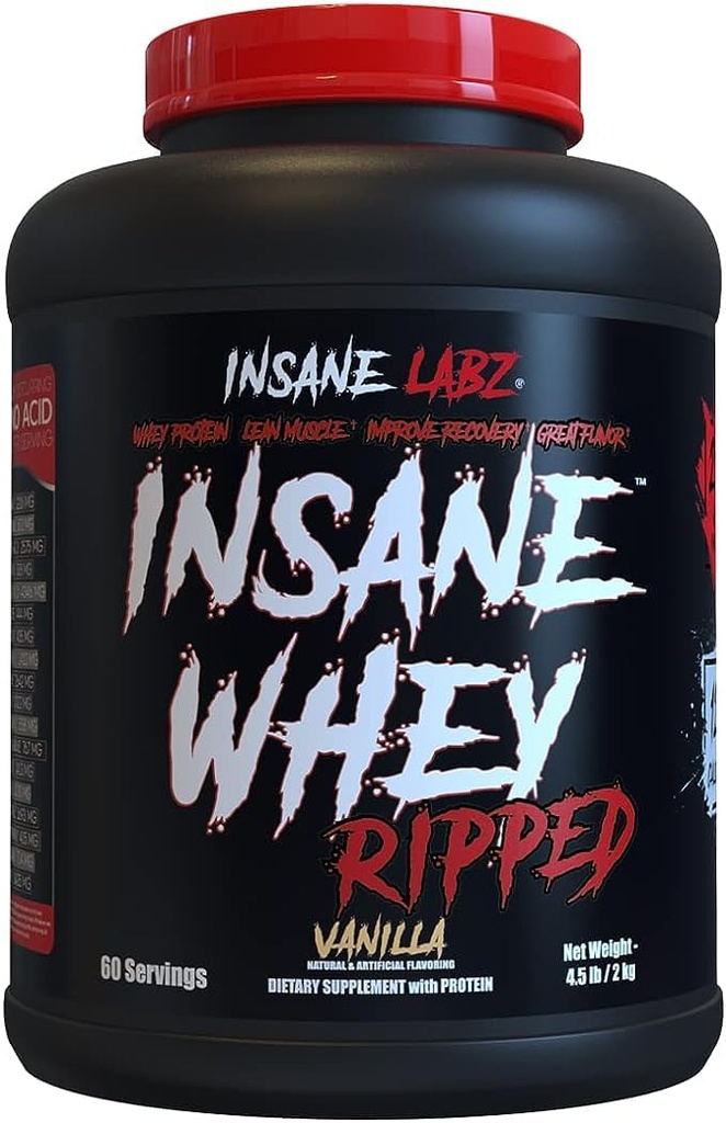 Insane Labz Insane Whey Ripped, Lean Muscle Building Protein with L-Carnitine and CLA Oil Powder, 5lbs 60 Servings, Vanilla