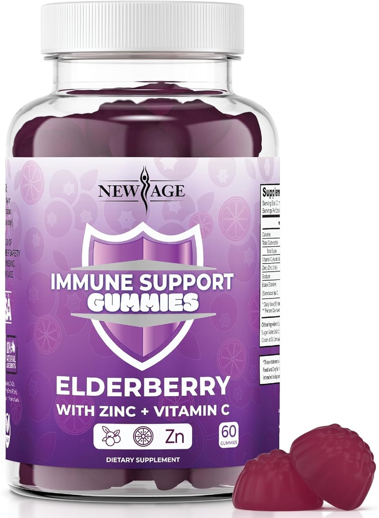 NEW AGE Immune System Support Gummies - Sambucus Black Elderberry Gummies with Vitamin C and Zinc (Inmune Support 60 Gummies)