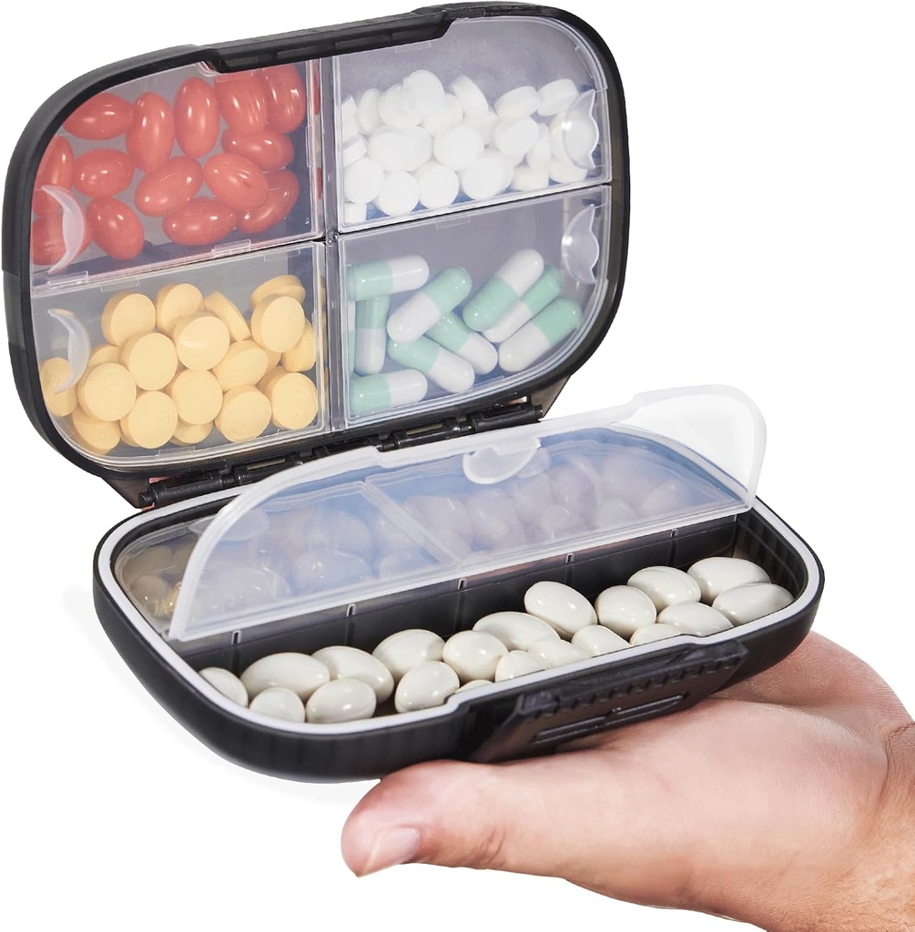 Organizador de píldoras de viaje Sukuos Semanalmente con doble bloqueo, caja de píldoras portátiles con gran 7 compartimiento, Airtight Daily Medicine Case Container with Labels for Vitamins/Fish Oils/Suplements