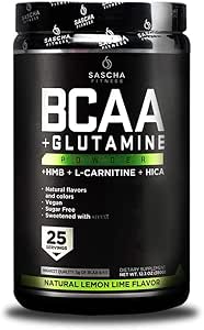 SASCHA FITNESS BCAA 4:1 + Glutamine,HMB,L-Carnitine,HICA ← Poderoso e Instant Powder Blend with Branched Chain Amino Acids (BCAAs) para Pre, Intra y Post-Workout ANTENatural Lemon Lime Flavor,362.5g