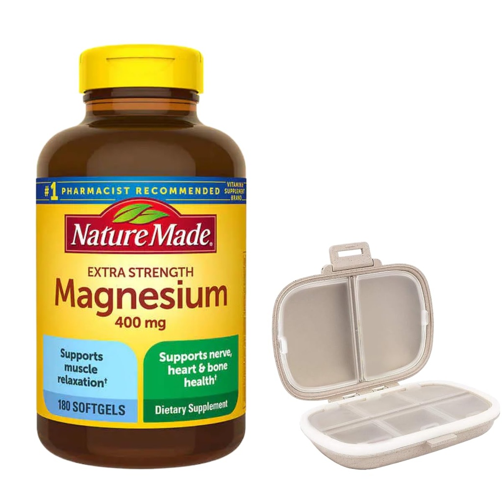 Nature Made Extra Strength Magnesium 400 mg., 180 Softgelsm Bundle with a Pill Oragnizer (2 Items)