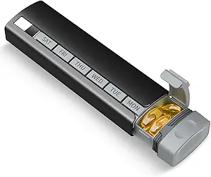 Organizador de píldoras de viaje semanal, 1 hora al día ,Aleación de aluminio Premium de actualización Caja de píldoras diarias 7 días, caja de plumas metálicas portátiles, cargador de píldoras lindo para mantener vitaminas, medicamentos, píldoras, suplementos (negro)