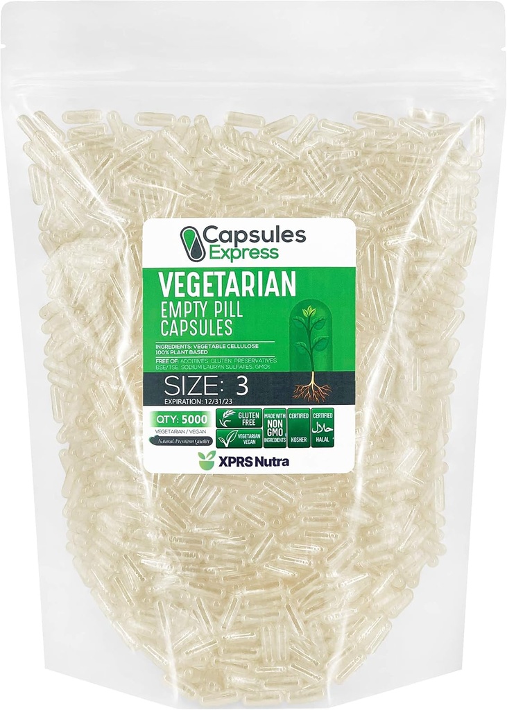 XPRS Nutra Size 3 Empty Capsules - 5000 Cuentas Clear Empty Vegan Capsules - Vegetarian Empty Pills - DIY Vegetable Capsule Filling - Veggie Pill Caps
