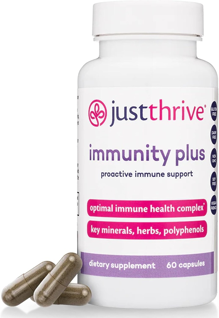 Just Thrive Immunity Plus - Vegan Gut Health and Immune Support Supplement for Kids and Adults, 60 Capsules