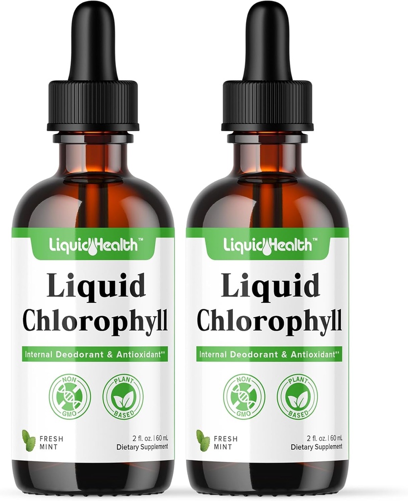 LIQUIDHEALTH Liquid Chlorophyll Drops - Deodorizador interno, Antioxidantes, Liver Detox, Immune Support, Relieve Bad Breath, Reducir el apetito, Collagen for Hair & Skin Health - Vegan, Non-GMO (2 Pack)