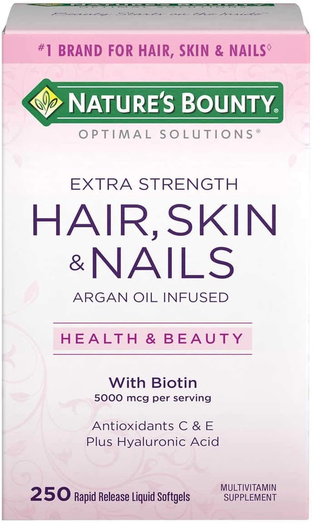 Esquí de pelo de rebote de la naturaleza y uñas 5000 mcg de biotina - 250 Tabletas caladas Regular &amp; Extra Strength (Extra Strength, Dos botellas cada uno de 250 Softgels)