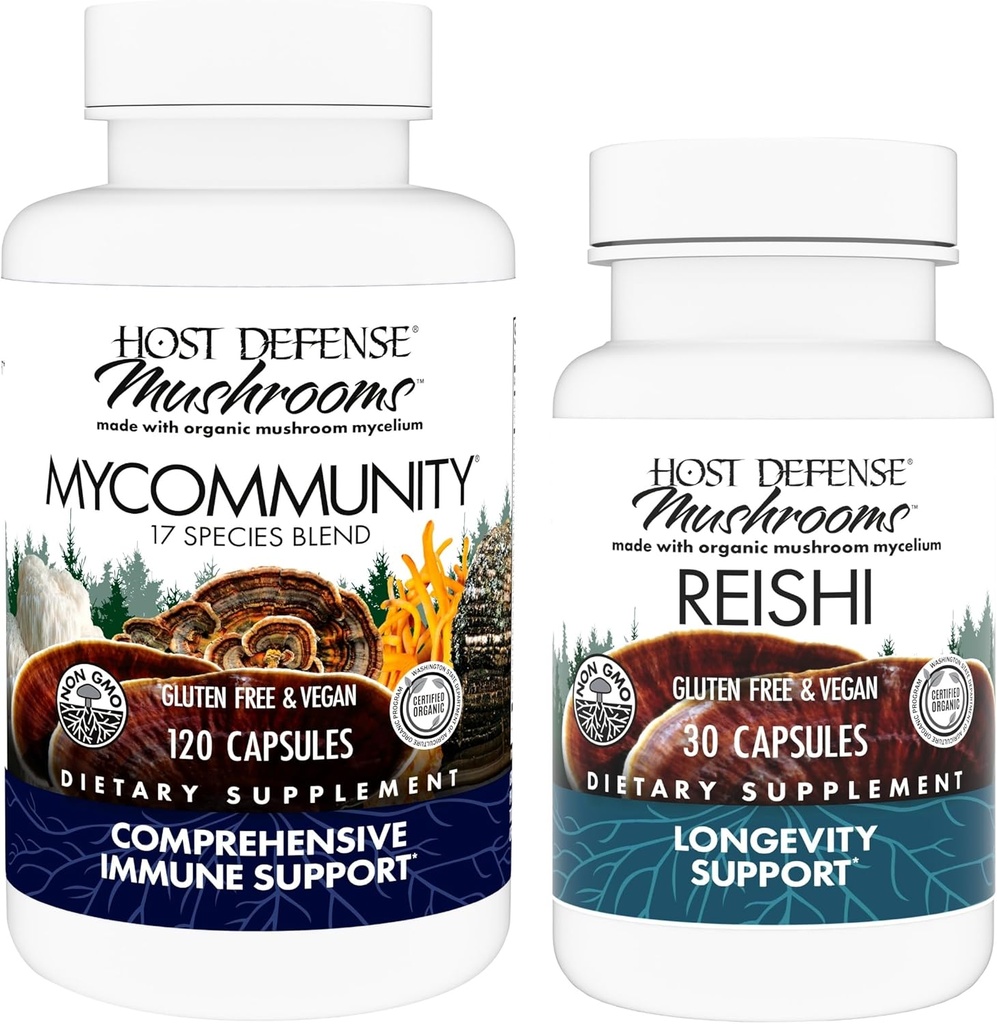 Host Defense MyCommunity Capsules, 120 Conde & Reishi Capsules, 30 Conde - Apoyo a la Salud Inmunitaria con 17 Especies Mushroom Blend - Apoyo a la Salud Cerebral, Memoria & Focus*
