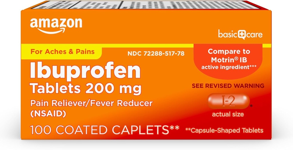 Tablas de Ibuprofeno de Atención Básica, 200 mg, Alimentador de Dolor y Reductor de Fiebre, Para Artritis, Dolor, Dolor y Más, 100 Cuenta