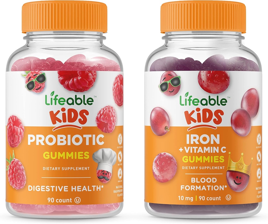 Probiótico Lifeable 2 billón de niños CFU + hierro &amp; vitamina C, Gummies Bundle - Gran Tasting, Suplemento de vitamina, Gluten Gratis, GMO Gratis, Chewable Gummy