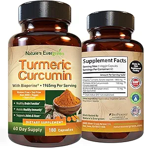 Curcumina Turmérica con Extracto de Pepper Negro (Bioperina) & Turmérica orgánica Suplemento de Apoyo Conjunto Vegano. Extracto 95% Curcuminoides 1965mg Suplemento para Juntas Saludables &amp; Soporte Inmunitario. 180 cápsulas