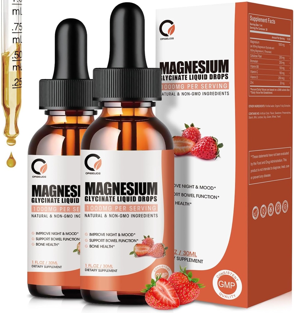 Suplemento de Magnesio Glycinate Liquid Drops,1000 mg de Magnesio líquido con bromelaina, vitamina B6 C D, Complejo de Magnesio de Absorción Alta para la Noche, Musculo & Energy Support, 1 Fl Oz (Pack of 2)