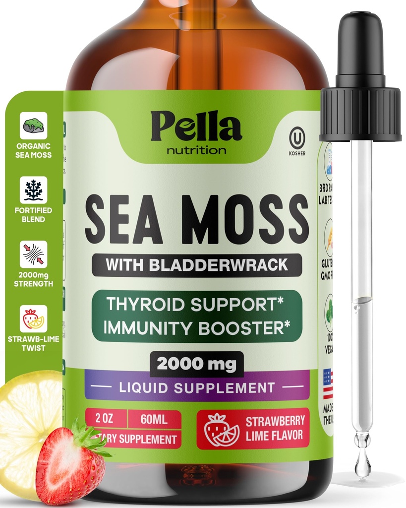 Pella Nutrition Sea Moss gotas con Bladderwrack – 4X Faster Absorption Than Irish Sea Moss Gel Superfood, Gummies y Capsules – Digestive &amp; Immune Support Supplement (Strawberry Lime, 60mL)