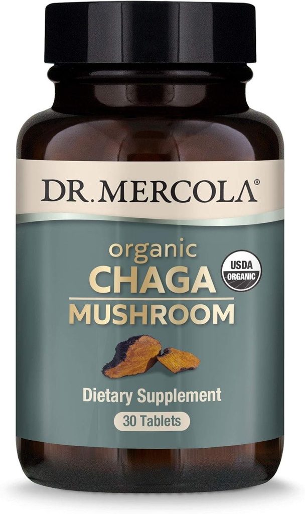 Dr. Mercola Organic Chaga Mushroom, 30 Servings (30 Tablets), Suplemento dietético, Apoyos Función sana de la inmunidad, No GMO, Certificado USDA Orgánico, NSF Contenido certificado