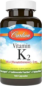 Carlson - Vitamina K2, MK-4 (Menatetrenone), Suplemento de Vitamina K, Hueso & Corazón Salud, Vitamina K2, libre de soja, Vitamina K-2, Vitaminas K2, 180 cápsulas