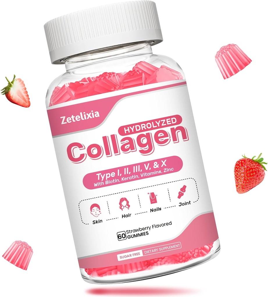 Collagen Gummies for Women Men, Hydrolyzed Collagen Peptide Type I,II,III,V,X with Biotin, Vitamina C A B D E for Skin Hair Nails J0ints, Immunity Energy Digestion, Sugar Free, 60 Count