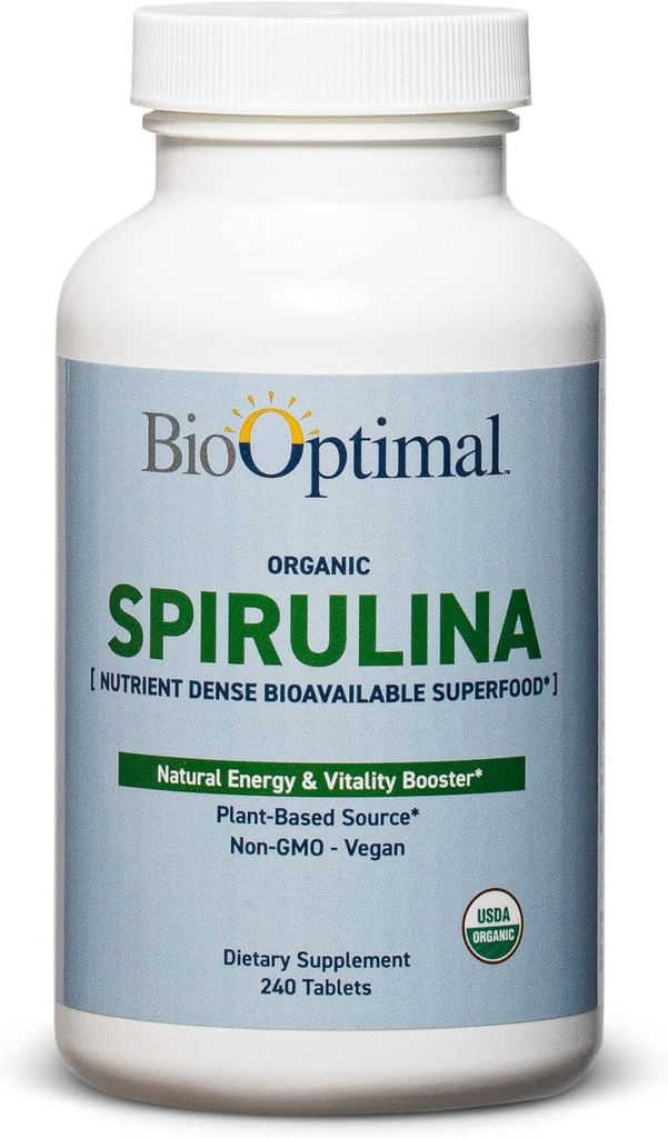BioOptimal Organic Spirulina Tablets - Organic, Non-GMO, No Additives or Fillers - 500mg Premium Quality Suplemento dietético con vitaminas, minerales, antioxidantes (240 Tablets)