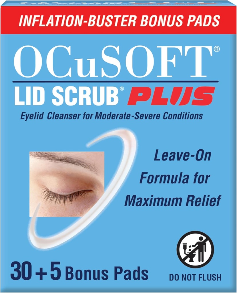 OCuSOFT Lid Scrub PLUS 35 - Pre-Moistened Leave-On Eyelid Wipes for Moderate to Severe Conditions - Moisturizing Eyelid Cleanser for Maximum Relief - 35 Count