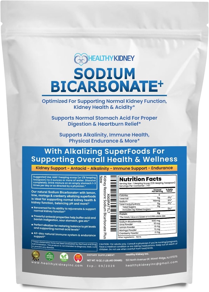 Uso orgánico Sodium Bicarbonato Alkaline Suplemento para Alkalinidad. Asistencia Los riñones " Neutralizador ácido estomacal w / Superalimentos alcalinos. Sodium Bicarbonato Powder Kidney Apoyo Antacid Sports 1LB