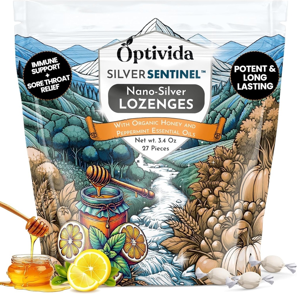 OPTIVIDA Congeladores de Plata Colloidal con Aceite de limón y miel (1 Pack) - Conseguir calmantes de garganta para adultos con alivio de tos " Fórmula de Plata Nano de acción rápida para Immune Support, 60 Ppm