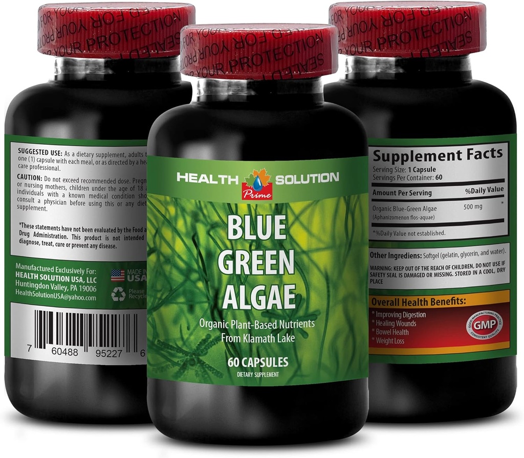 Blue Green Algae Superfood - Blue Green Algae - Blue Green Algae for Immunity - Zapatos Klamath Blue Green Algae, Suplemento de Digestión, Suplemento de Apoyo Inmuno, Blue Green Algae Powder, 1b 60 Caps