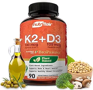 NutriFlair Vitaminas D3 (5000iu/125mcg) + K2 (como Mk7) - Fabricado con Ingredientes Plantados Plus BioPerine Black Pepper Extract, 90 Capsules - Soportes sano Immune, Corazón y Salud - Píldoras no GMO