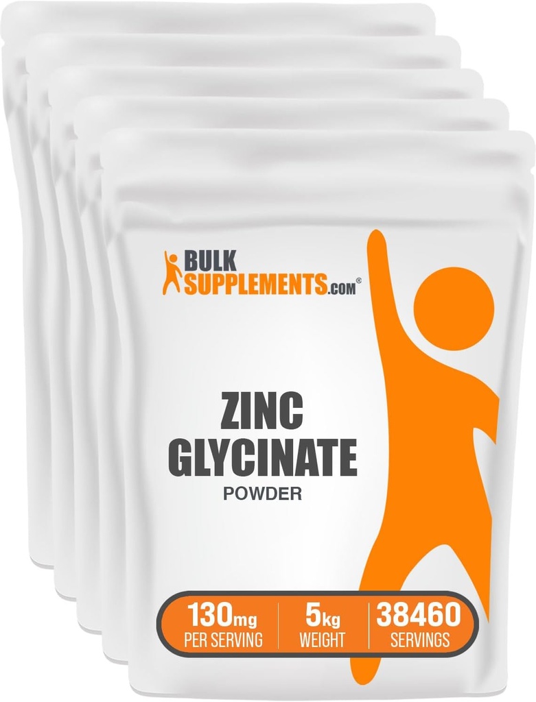 BulkSupplements.com Zinc Glycinate Powder - Zinc Supplement, Mineral Supplement for Immune Support - Gluten Free, 130mg per Serving, 5kg (11 lbs) (Pack of 5)