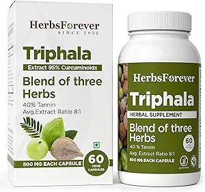 Herbsforever Triphala Capsules Extract Ratio (8:1) 40% Amla, Haritaki " Bibhitaki for Daily Detoxifying, Cleansing, " Rejuvenating 60 Vege Capsules