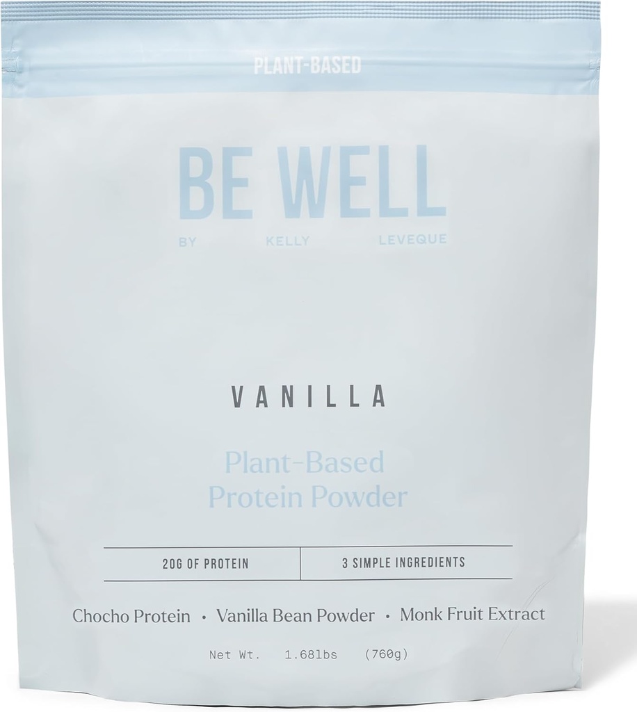 Be Well by Kelly Vanilla Plant-Based Protein Powder, Vegan 20G Protein 8G Fiber 0 Net Carb (3 Ingredientes, 20 Servings) 9 Amino Acids+3 BCAAs No Soy, No Dairy, Stevia-Free, No Sugar Añadido 1,68lb 760g