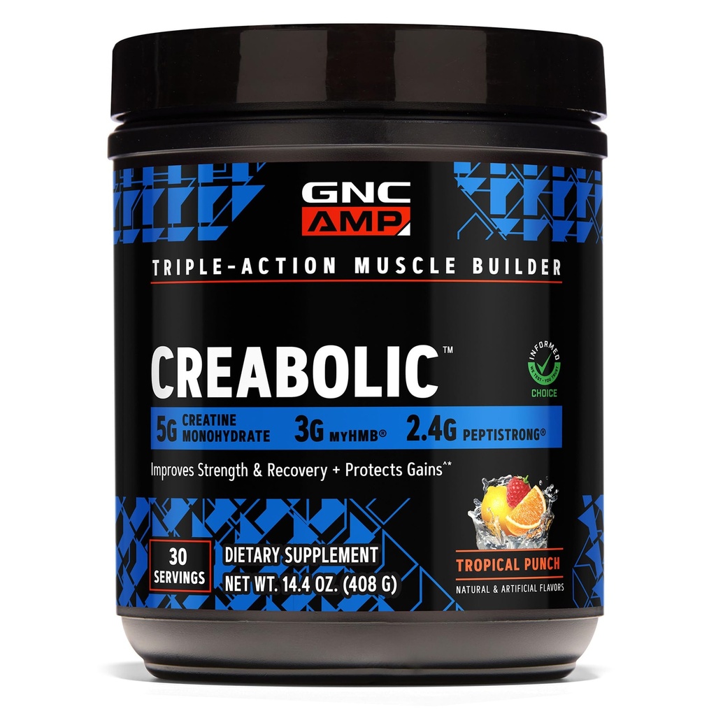GNC AMP Creabolic - Creatine Monohydrate Powder - High-Potency 5g Creatine with HMB & PeptiStrong - Triple Action Muscle Formula - No Added Sugars - Tropical Punch - 30 Servings